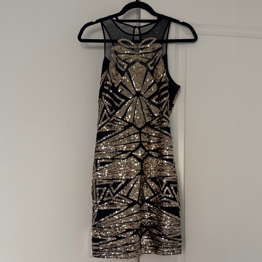 NWT Bebe Black and Gold Sequin Dress